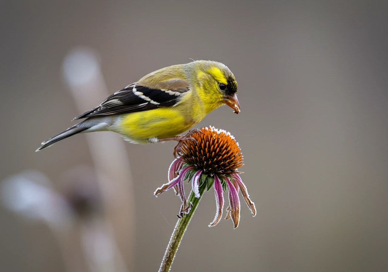 A vibrant, detailed photograph showcasing a native Purple Coneflower (Echinacea purpurea) plant that has gone to seed in late autumn or early winter. The seed heads are prominent and dusted with a light frost or snow. A small, colorful bird, such as an American Goldfinch (in winter plumage), is clinging to one of the seed heads, actively feeding. The background is softly blurred garden foliage.