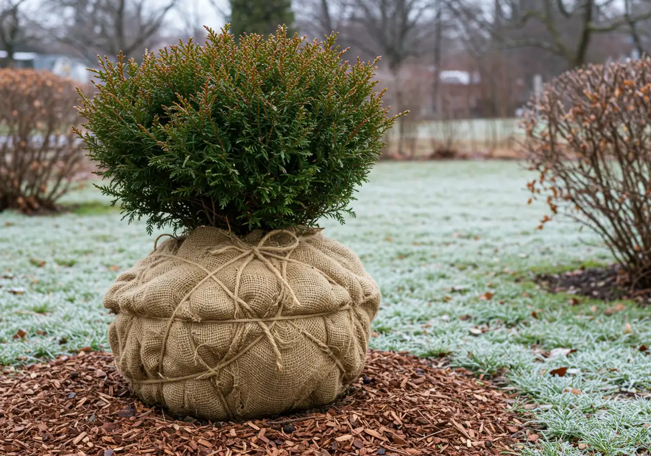 An image depicting a medium-sized evergreen topiary (perhaps a globe or spiral shape) carefully wrapped in natural burlap for winter protection. The burlap is secured loosely with twine. A layer of natural wood chip mulch is visible around the base of the plant, and perhaps a hint of frost or dormant surroundings suggests the late fall/early winter season.
