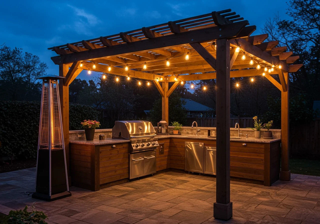 An inviting evening shot of an outdoor kitchen area enhanced with ambiance features. The image should highlight integrated lighting (e.g., string lights overhead under a pergola, task lighting over the grill) and perhaps a patio heater subtly visible in the background, creating a cozy and functional space for extended evening use.
