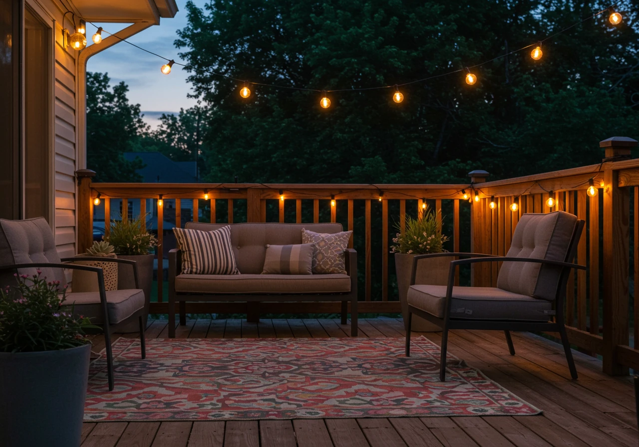 An inviting outdoor seating area at dusk, illuminated by strings of warm Edison-style bulb lights hung overhead between trees or posts. The lights cast a soft glow on a comfortable seating arrangement (chairs partially visible, no distinct style needed) and a patterned outdoor rug on a wooden deck. The focus is on the warm, ambient lighting.