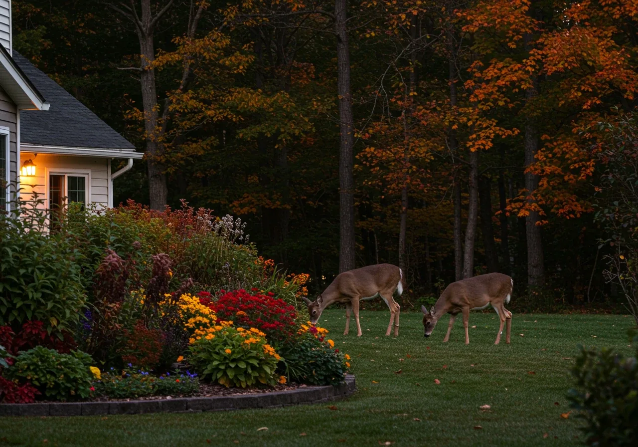 A photograph taken at dawn or dusk showing two white-tailed deer grazing peacefully at the edge of a well-maintained suburban backyard garden. The background features the edge of a wooded area blending into the suburban landscape, illustrating the 'edge habitat' concept. The garden shows colourful fall foliage, but the deer are near, representing the potential threat.