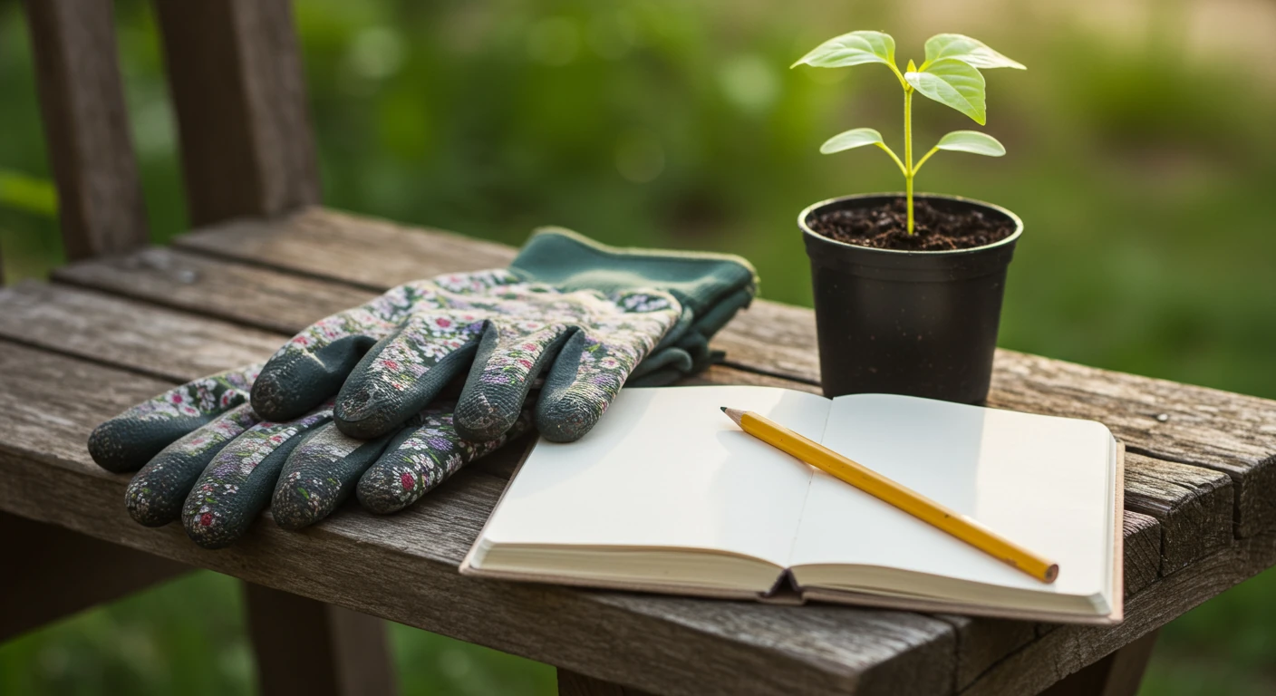 A pair of sturdy, slightly soil-dusted gardening gloves resting next to a simple, open spiral notebook and a pencil on a rustic wooden garden bench. Beside the notebook, a small terracotta pot holds a healthy, vibrant green seedling just starting to show its first true leaves, bathed in soft morning light.