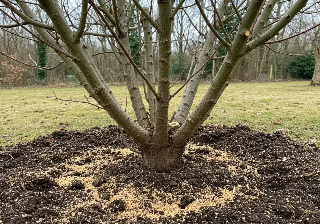 A clear, eye-level photograph illustrating the result of the 'Big Chop' (hard pruning) method on a suitable multi-stemmed shrub like a Spirea or Potentilla. The image should show the base of the shrub with all stems cut cleanly down to about 4-6 inches (10-15 cm) from the ground. Some sawdust might be visible on the ground around the clean cuts. The surrounding garden soil should look healthy.