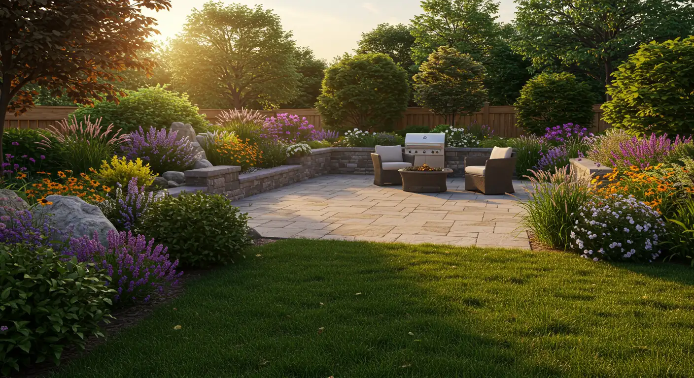 A beautifully landscaped backyard in the Ottawa area, featuring a mix of elements: a stone patio, a vibrant perennial garden with a variety of colors and textures, a small water feature (perhaps a bubbling rock or a small pond), and some well-maintained lawn. The overall impression should be one of a relaxing and inviting oasis. The scene should be bathed in warm, inviting light, preferably during the golden hour (late afternoon/early evening). No people, no text.