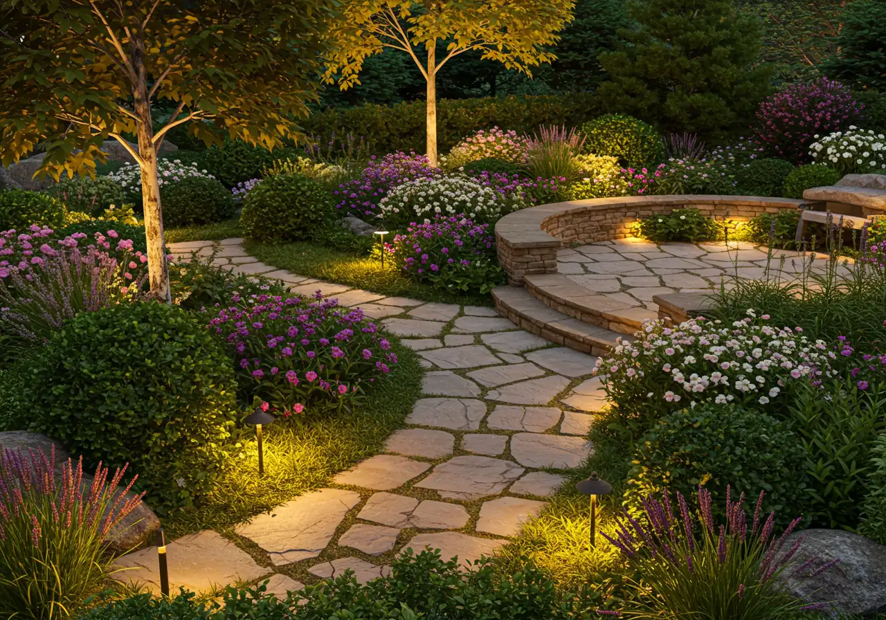 A beautifully designed and installed stone patio, as viewed from a slightly elevated perspective. The patio should be made of natural stone (perhaps flagstone or a similar material) in a warm, earthy tone. The patio should be surrounded by lush greenery, including some flowering plants. A small section of a well-maintained walkway, leading toward the patio from the 'distance' of the image. The overall feeling should be inviting and elegant. No people, structures, or furniture.