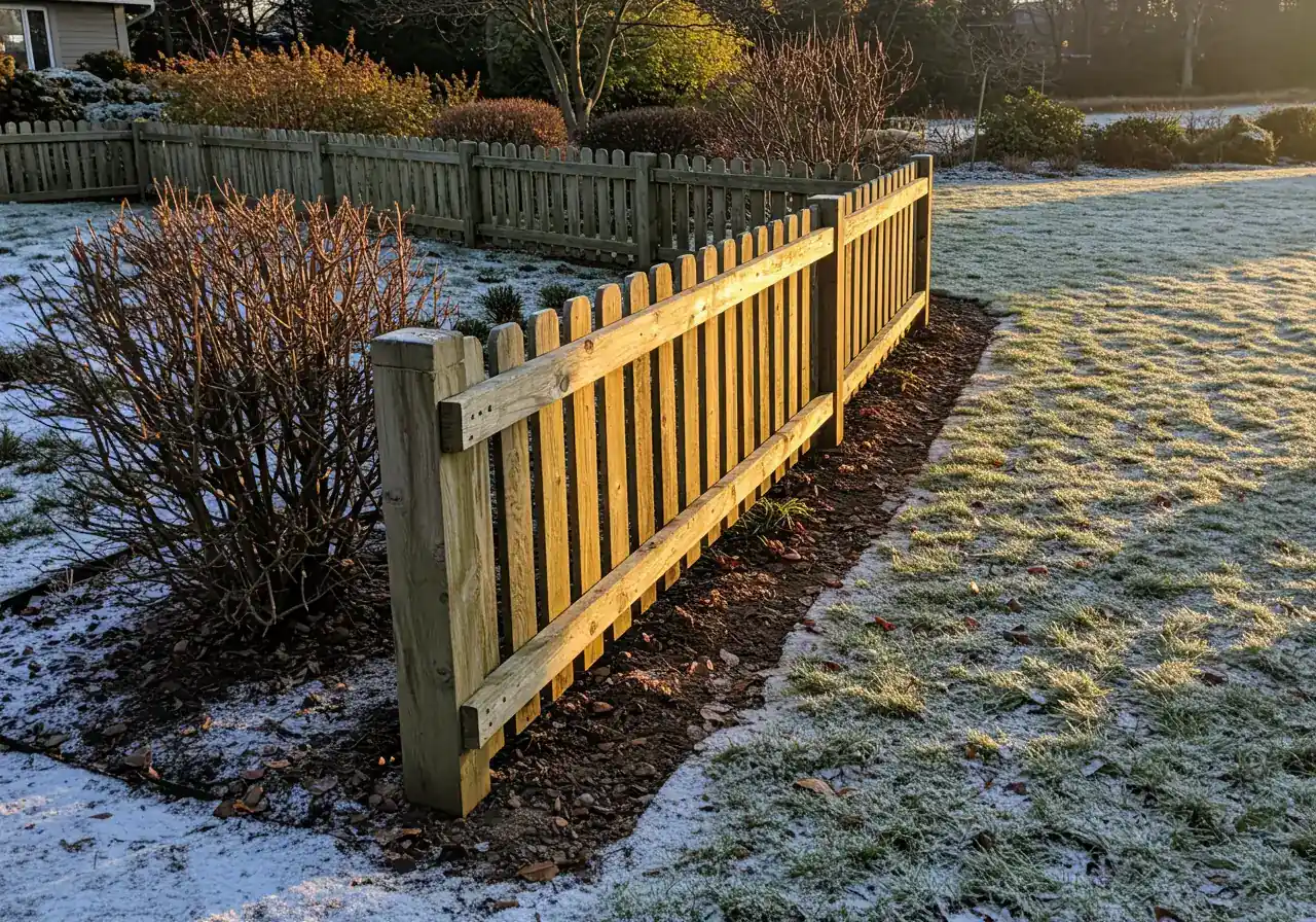 A photograph illustrating the use of a physical barrier for shrub protection. A section of wooden snow fencing is installed upright along the edge of a garden bed containing several small to medium-sized shrubs. The fence acts as a visible shield between the shrubs and an implied driveway or road edge (not shown). The focus is on the fence as a protective barrier in a winter-prepared landscape setting.