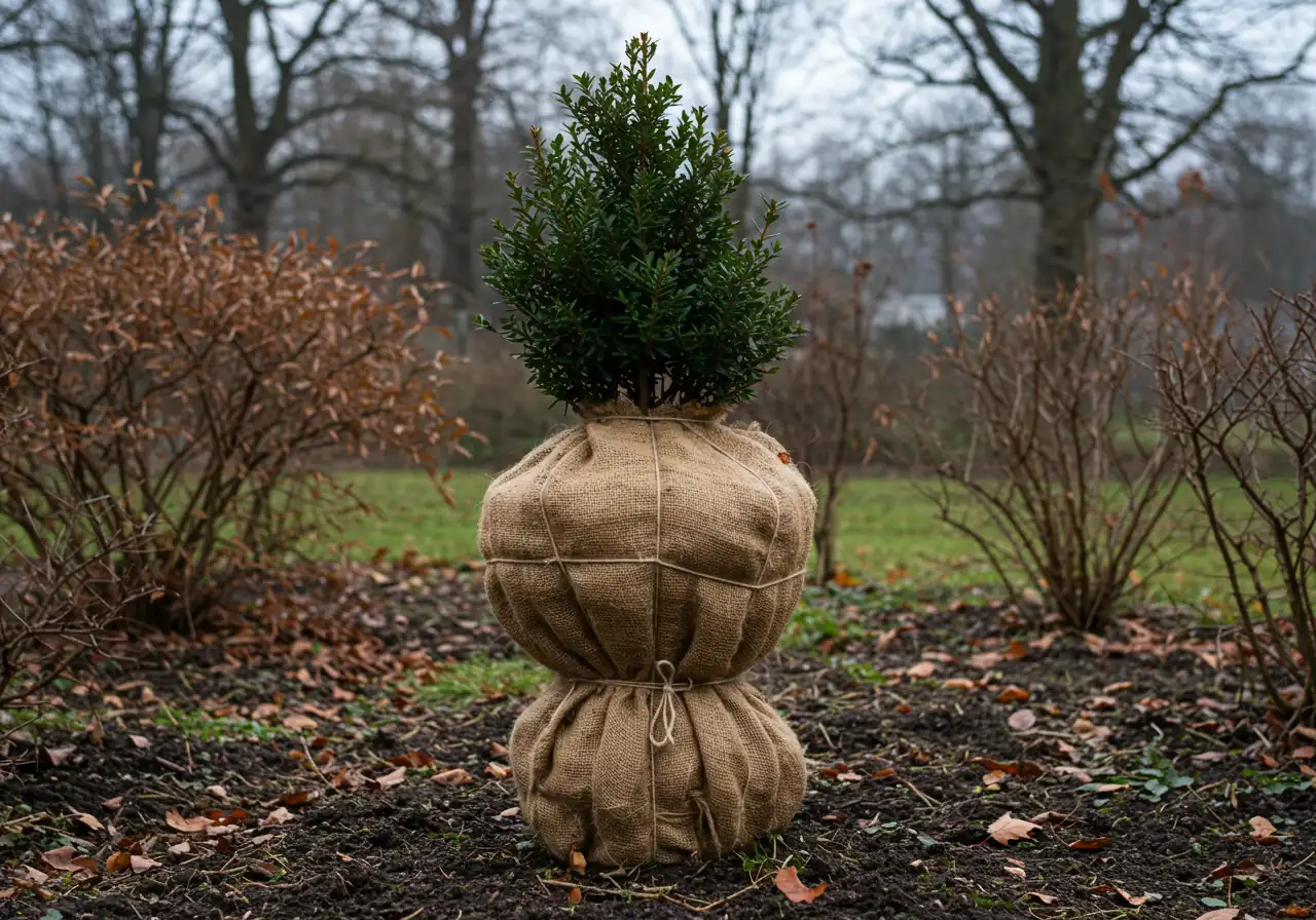 A clear visual example of a shrub properly wrapped in burlap for winter protection. The image should focus on a medium-sized evergreen shrub neatly encased in tan burlap, secured with twine, positioned within a garden bed prepared for winter.