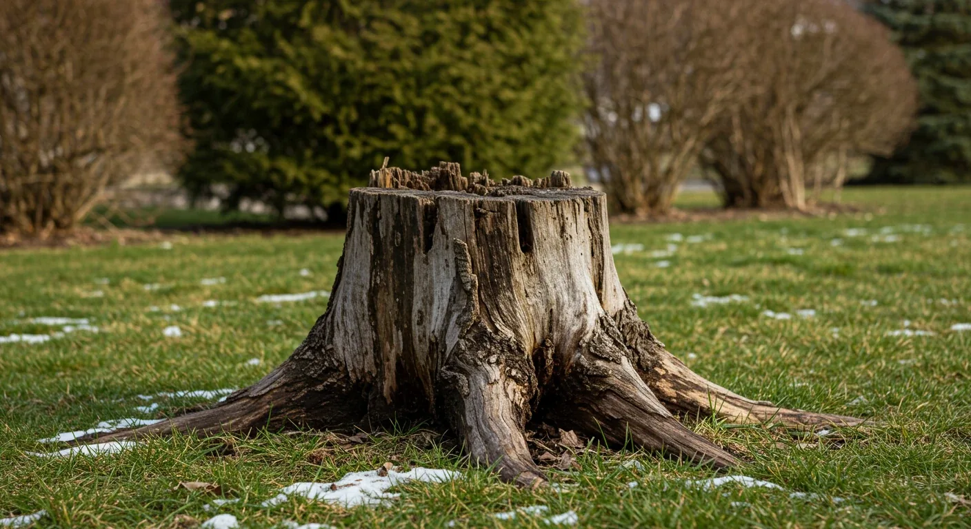 A medium shot focusing on a single, weathered, unsightly tree stump sitting awkwardly in the middle of an otherwise neat green residential lawn. The stump clearly disrupts the visual flow of the yard. Subtle spring elements like partially melted snow patches or early buds on background shrubs could be visible, emphasizing the transition season.