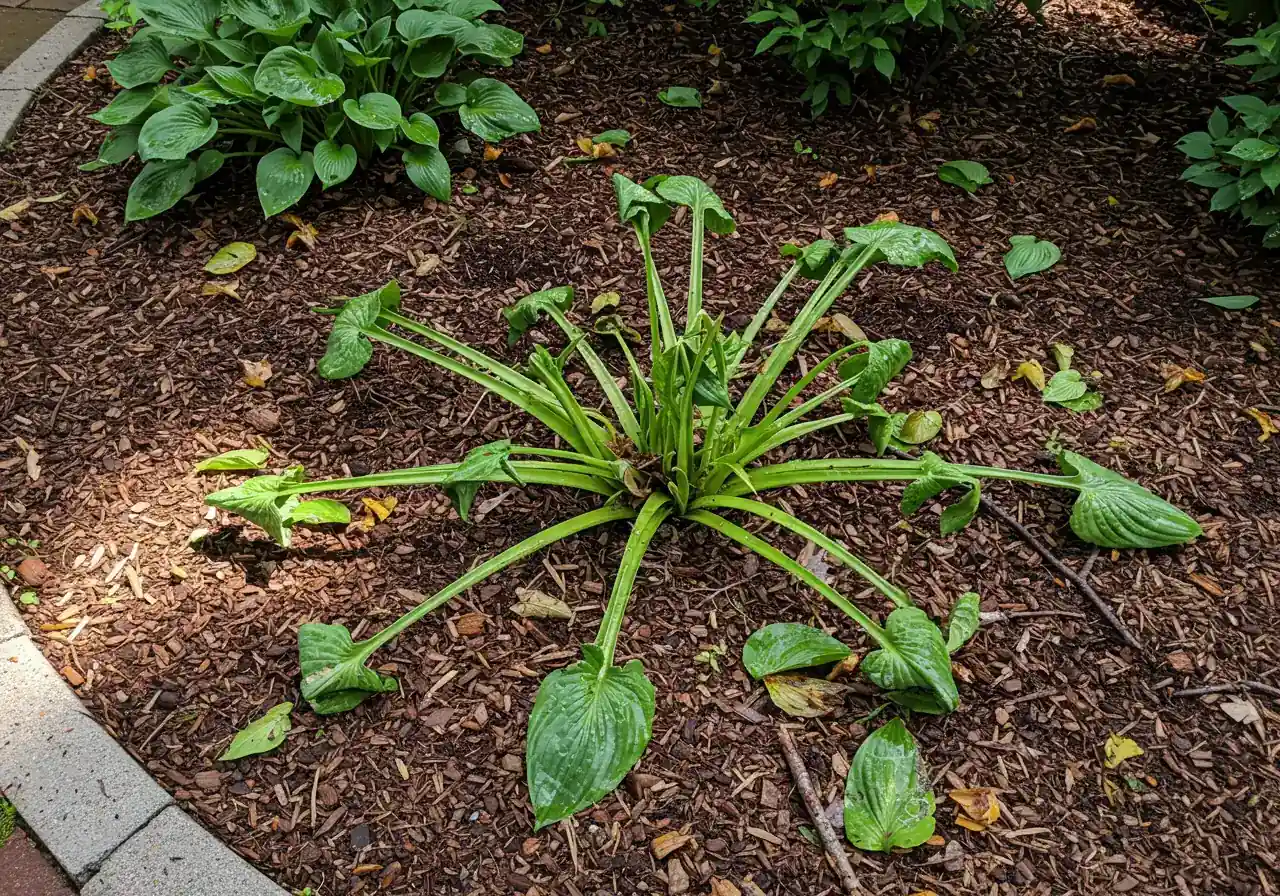 A slightly elevated view of a garden bed after a moderate storm. Showcases scattered leaves and small twigs, a few flattened perennial stems (like hostas), and some displaced mulch around the base of plants. The overall scene should look messy but recoverable, not catastrophic destruction. Focus on the textures of wet leaves, soil, and plant material.