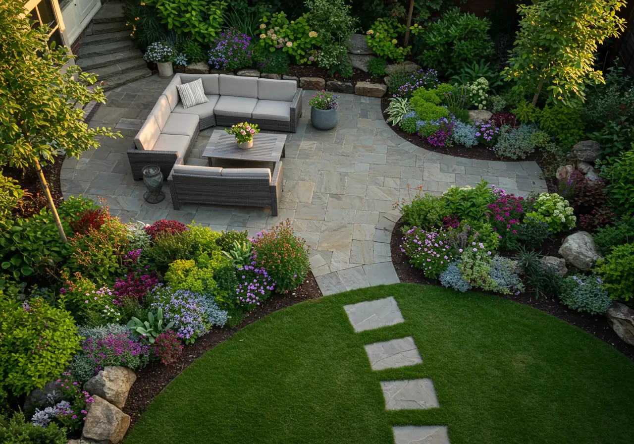A visually appealing backyard landscape clearly showing distinct functional zones created through thoughtful planning. Include a well-defined patio area made of natural stone pavers, lush garden beds with a mix of perennials and shrubs bordering a healthy green lawn, and perhaps a pathway leading towards a different area. The image should convey harmony, functionality, and the result of a cohesive design.
