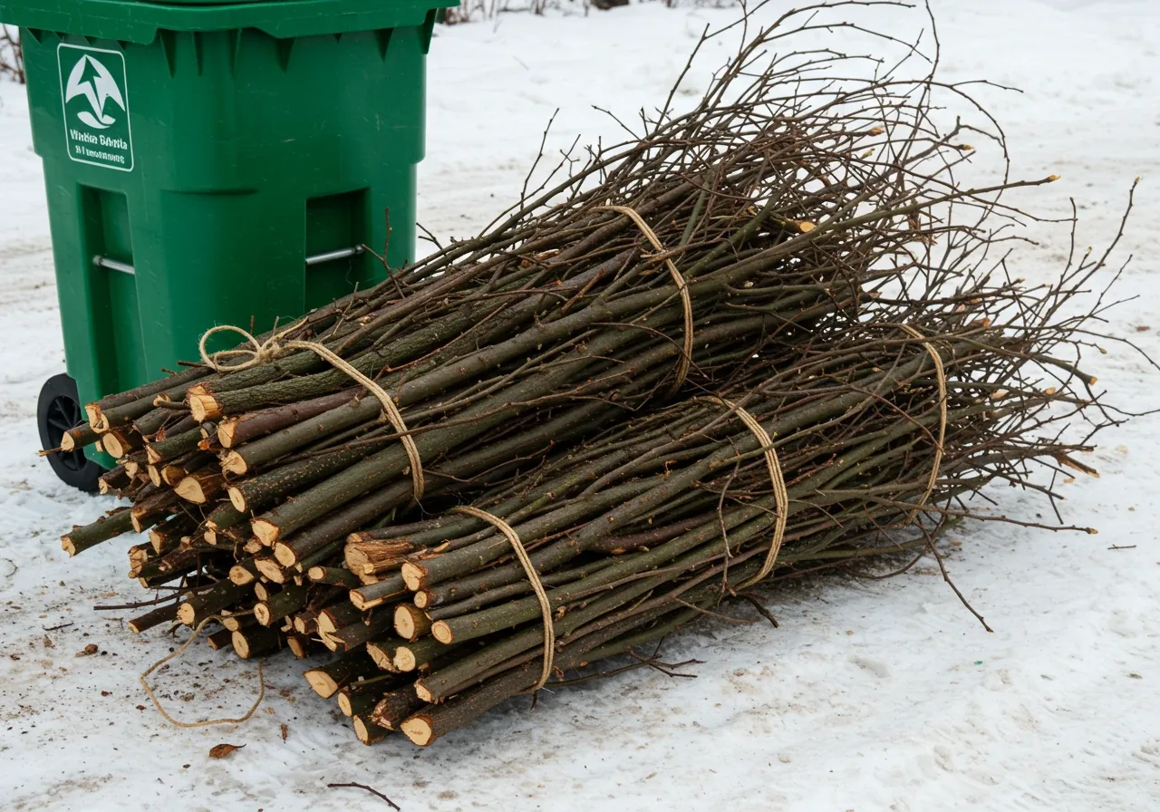 A neat pile of pruned deciduous branches, securely tied with natural twine into bundles, resting on snow-covered ground beside an Ottawa green bin (partially visible, no logos). This illustrates proper yard waste preparation for collection.