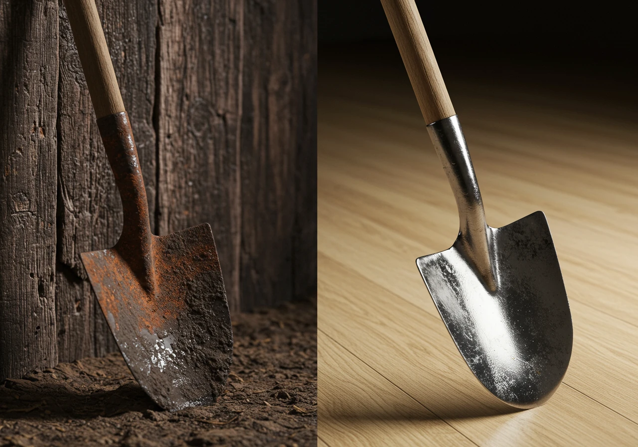 A dramatic side-by-side comparison shot. On the left, a neglected garden spade leaning against weathered wood, its blade covered in dried mud and significant orange rust, particularly near the edges and handle joint. On the right, the same model spade, meticulously cleaned, the metal blade shiny and lightly oiled, the wooden handle smooth and clean, leaning against a clean surface.
