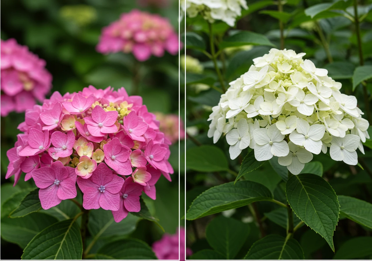A side-by-side visual comparison clearly showing the distinct flower head shapes of the two main hydrangea types discussed. On the left, a classic Bigleaf (Hydrangea macrophylla) mophead with its round, dense cluster of typically blue or pink florets. On the right, a Panicle (Hydrangea paniculata) like 'Limelight' with its characteristic cone-shaped, elongated panicle of mostly white or lime-green florets.