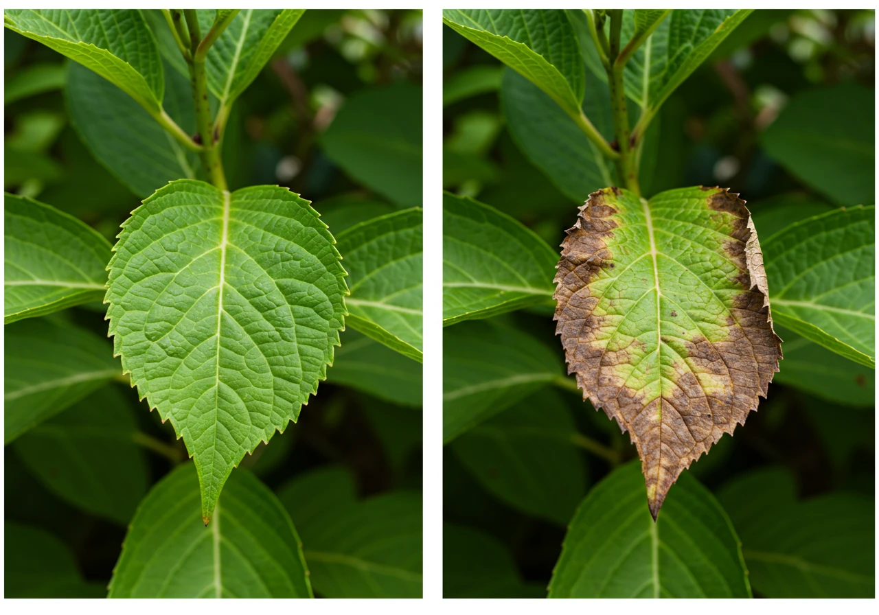 A split-image or side-by-side close-up comparison focusing on plant leaves. On one side, show a vibrant, healthy green hydrangea leaf, turgid and full. On the other side, show a hydrangea leaf from the same plant exhibiting clear signs of heat stress: severe wilting, drooping limply, and possibly the very beginnings of brown, crispy edges (leaf scorch). The background should be softly blurred garden foliage under bright sunlight, emphasizing the heat.