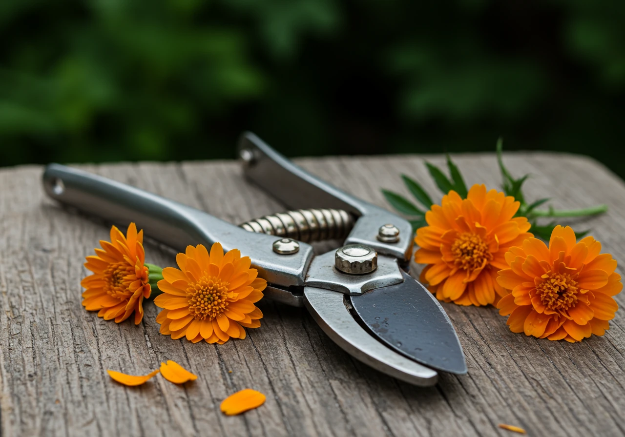A still life photograph showing a clean pair of high-quality metal bypass pruners resting gently on a rustic wooden garden table surface or next to a terracotta pot. A few colourful, freshly cut (but not faded) flower heads like marigolds or zinnias could be placed nearby, implying recent use, but the focus is on the clean tool itself. No hands visible.