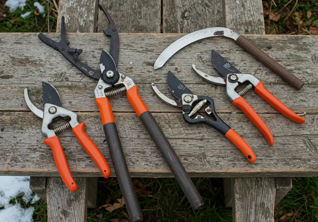 A still life arrangement of essential, clean pruning tools - bypass hand pruners, bypass loppers, and a small curved pruning saw - laid neatly on a weathered wooden surface or burlap, perhaps with a few dormant twigs nearby. Focus is on the tools themselves.