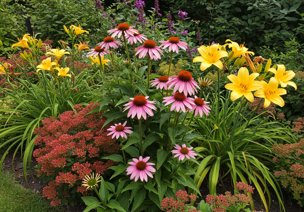 A vibrant, sunlit garden scene showcasing a cluster of thriving heat-tolerant plants mentioned in the article. Feature bright pink Coneflowers (Echinacea), yellow Daylilies (Hemerocallis), and the fleshy leaves and emerging flower heads of Sedum 'Autumn Joy' growing closely together. The plants should look vigorous and healthy despite the bright, sunny conditions implied by the lighting. Focus on the flowers and foliage.