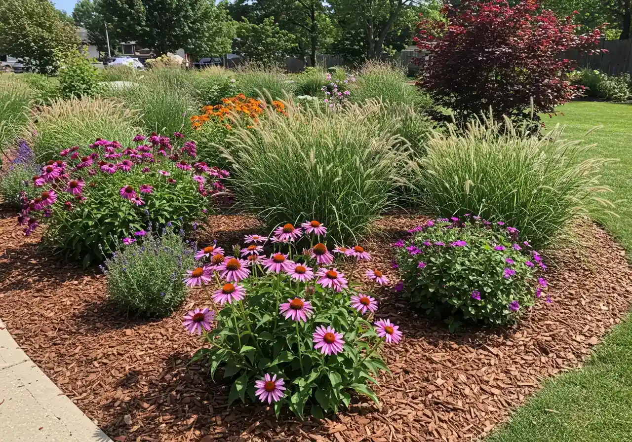 A vibrant, beautiful xeriscape garden bed featuring a mix of drought-tolerant perennials (like coneflowers and ornamental grasses) and shrubs, mulched effectively with wood chips. The image should convey lushness and color, directly countering the misconception of xeriscaping being just rocks and gravel. Should look inviting and thriving, potentially with a winding gravel path element visible.