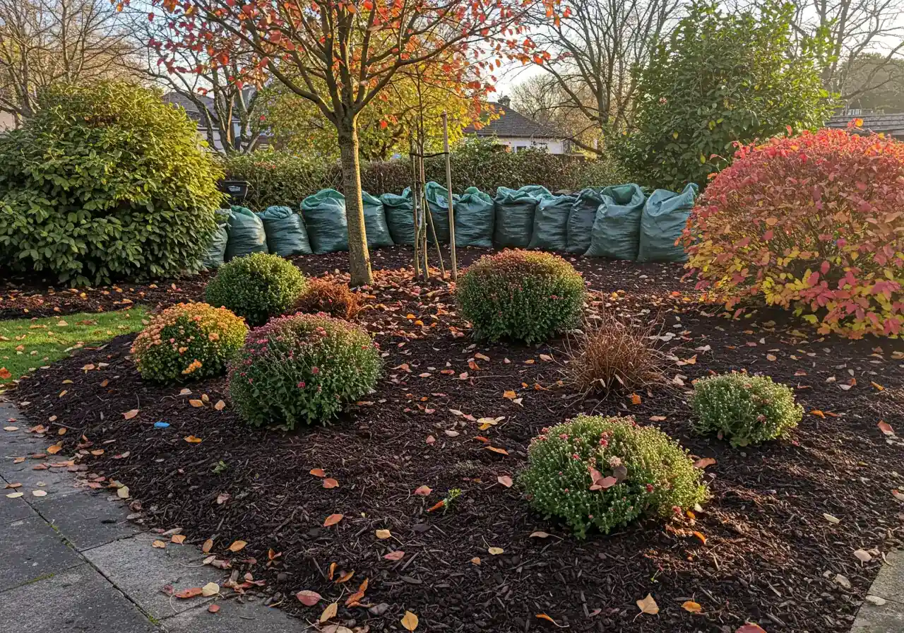A tranquil, wide-angle view of a well-maintained residential garden bed in late autumn after cleanup. The soil is neatly turned or mulched, fall leaves have been cleared away from the main bed, perhaps collected neatly in biodegradable bags visible in the background periphery. Some frost-tolerant plants like ornamental grasses or late mums remain. Soft, warm sunlight illuminates the scene, conveying peace and accomplishment.