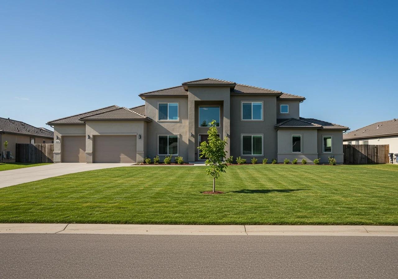 A wide shot illustrating poor scale. A large, two-story suburban house with a very small, newly planted shrub positioned awkwardly in the middle of a vast front lawn, looking isolated and disproportionately tiny against the house facade.