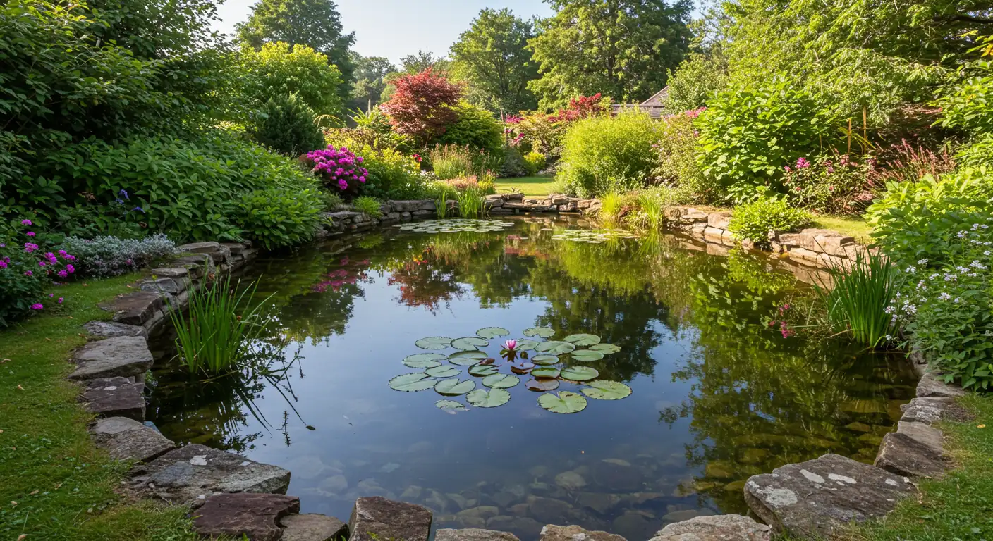 A wide, inviting shot of a beautifully maintained backyard pond. The water is crystal clear, reflecting the blue sky and surrounding lush green landscaping with some colourful flowers. Rocks edge the pond naturally, and perhaps a water lily pad floats serenely on the surface. No people, just the tranquil pond scene.
