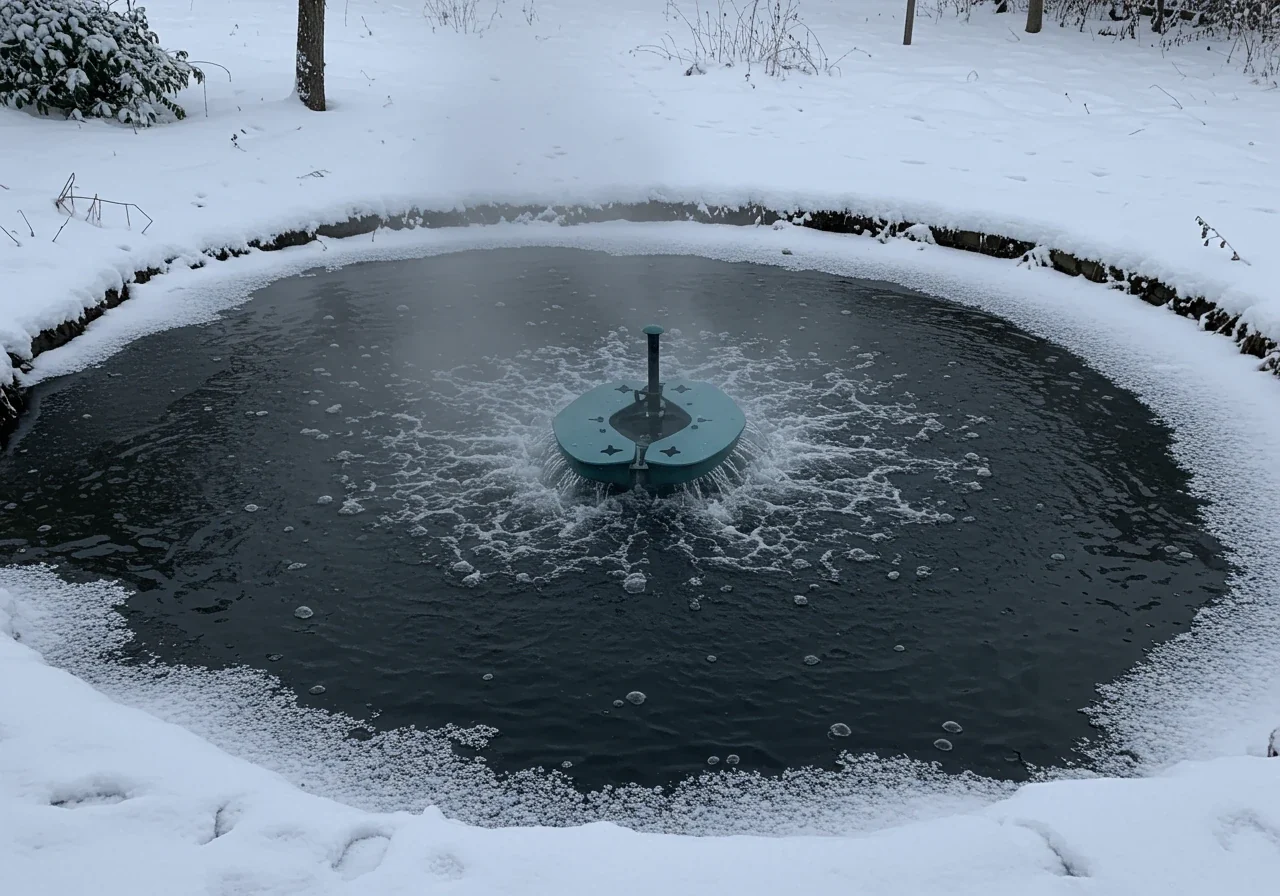 A winter scene showing a snow-dusted backyard pond partially covered in ice. A pond aerator creates a distinct, circular open-water area with visible air bubbles rising gently. This image directly illustrates the essential technique for maintaining gas exchange for fish survival discussed in the section.