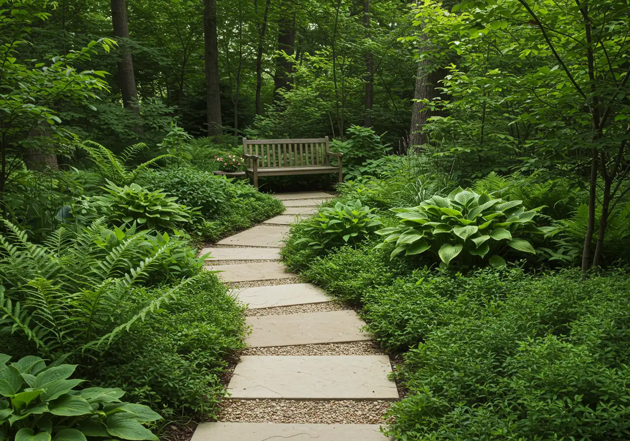 A picturesque view of a shade garden path made of natural, light-coloured flagstones winding through shade-tolerant plants like ferns and hostas. The path leads towards a simple wooden garden bench nestled amongst the greenery, illustrating how hardscaping can brighten and add structure to a shady area. The overall mood is tranquil and inviting.