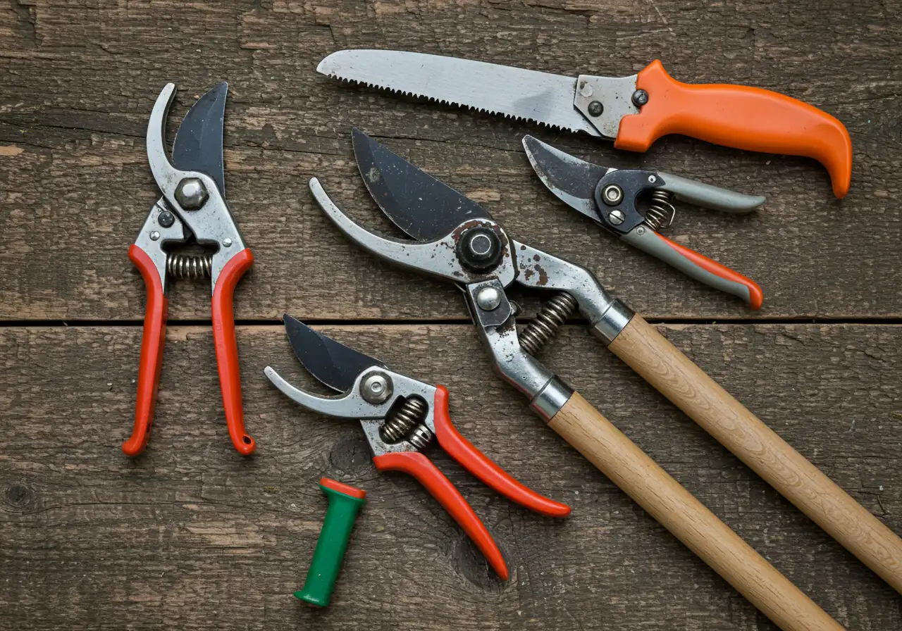 A clean, professional flat-lay arrangement of the essential pruning tools discussed. Show sharp, clean bypass pruners, sturdy long-handled loppers, and a small, sharp pruning saw neatly laid out on a weathered wooden garden table or against a simple, natural backdrop like mossy stone. Emphasis should be on the clean, sharp condition of the tools.