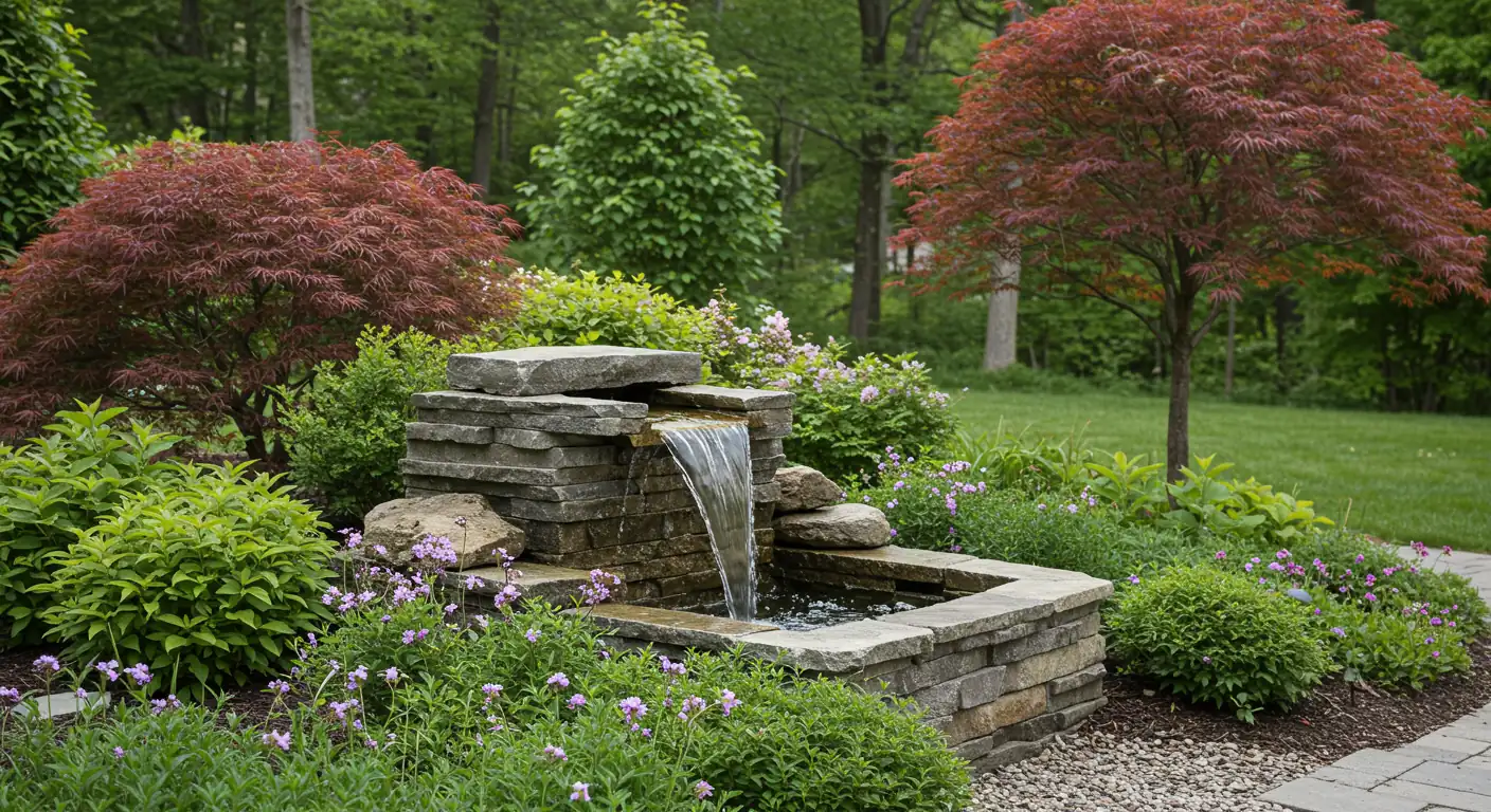 Beautiful garden scene with a water feature, hinting at professional landscaping