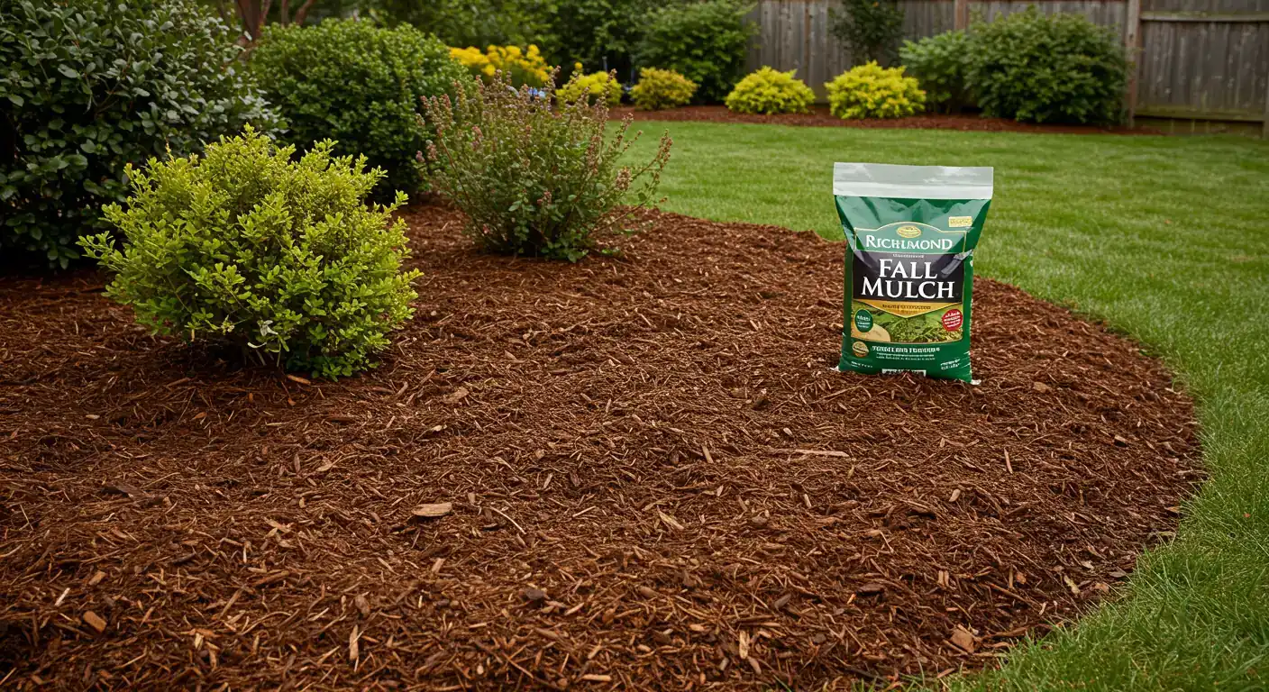Professional landscaping scene showing mulched garden beds in autumn