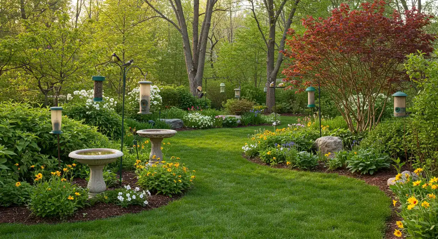 Lush garden scene with bird feeder, representing a Manotick wildlife haven