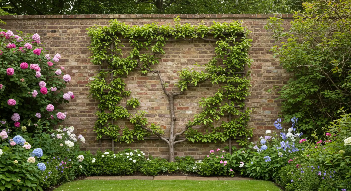 Beautifully espaliered fruit tree against a sunny wall in spring bloom