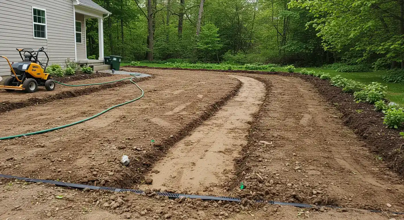 Professional landscaper assessing yard slope for proper site grading in Richmond