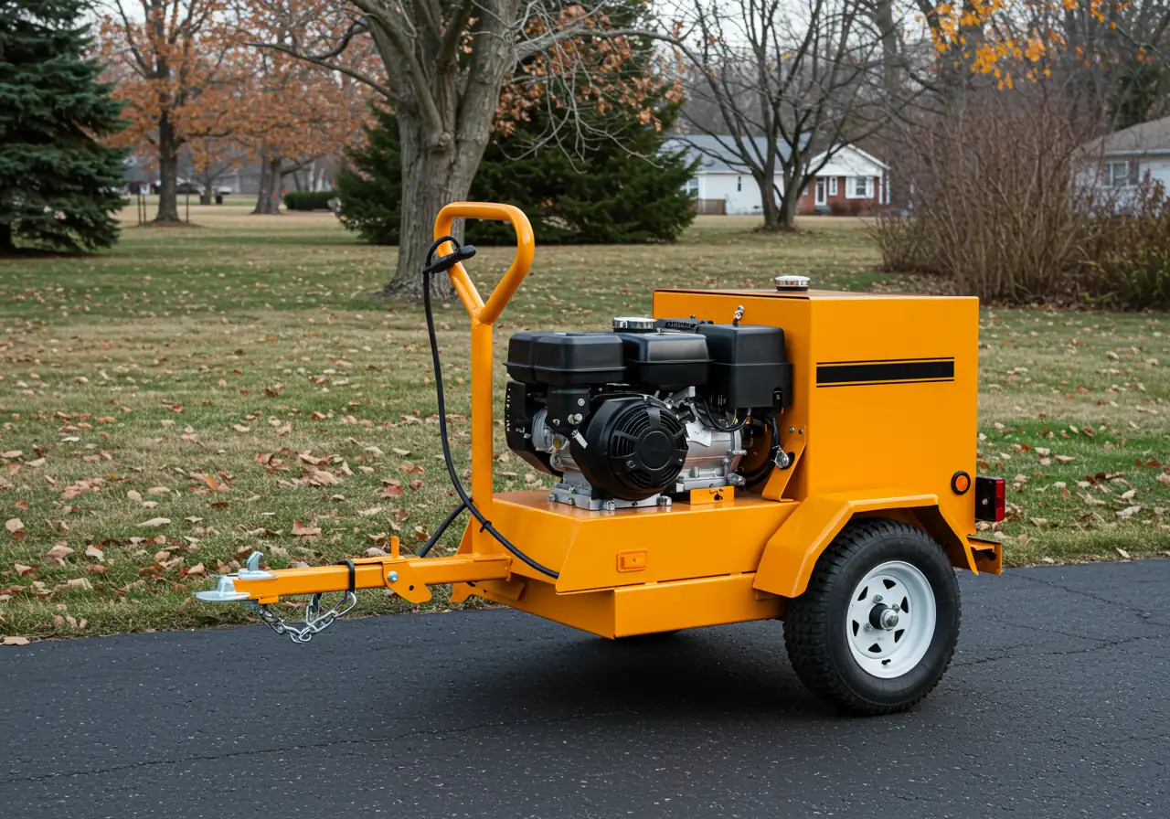 A clear photograph focusing on a large, professional-grade tow-behind air compressor typically used for irrigation blow-outs. The machine should be parked neatly, perhaps on a driveway or edge of a lawn, without any people visible. The focus is on the specialized equipment.