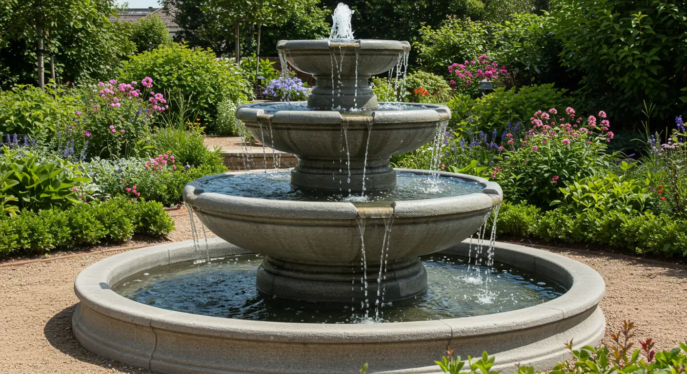 A visually appealing image showcasing a pristine, beautifully maintained garden fountain as the focal point of a backyard. The water should be crystal clear and sparkling in the sunlight, cascading down multiple tiers or flowing smoothly from a decorative element. The surrounding landscaping should look neat and healthy.