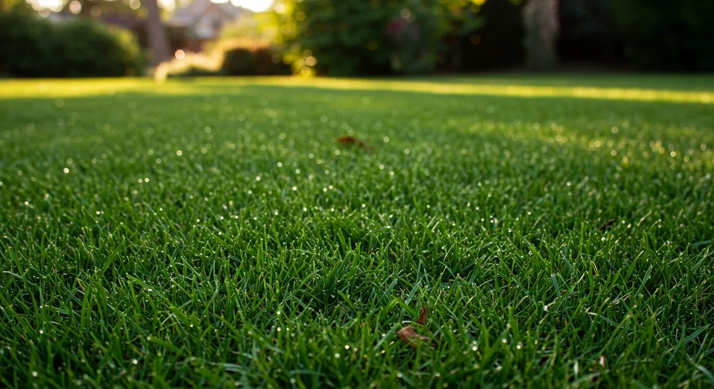A visually appealing photograph capturing a pristine, vibrant green residential lawn under soft morning sunlight. The focus should be on the healthy texture and rich color of the grass, representing the ideal 'green dream' lawn mentioned in the introduction, suitable for a suburban setting like Barrhaven.