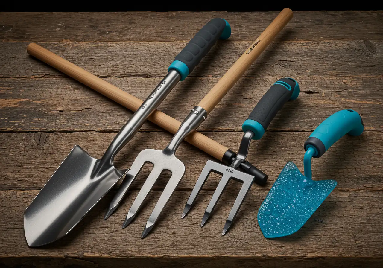 A clean, professional still-life arrangement of several key ergonomic gardening tools suited for clay soil, displayed against a neutral, slightly textured background like weathered wood or burlap. Include: 1) A pointed shovel/spade with a long handle featuring a D-grip and a visible wide foot platform. 2) A sturdy digging fork with sharp tines and a padded handle. 3) A hand trowel with a brightly colored, contoured gel grip. The tools should look robust and well-designed, highlighting their ergonomic features without any people present.