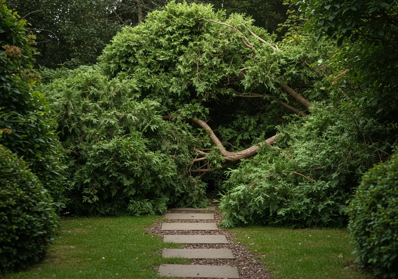 An eye-level view of a mature, overgrown evergreen shrub (like a cedar or juniper) engulfing a garden pathway made of stepping stones. The branches are dense and pushing across the path, making it difficult to walk.