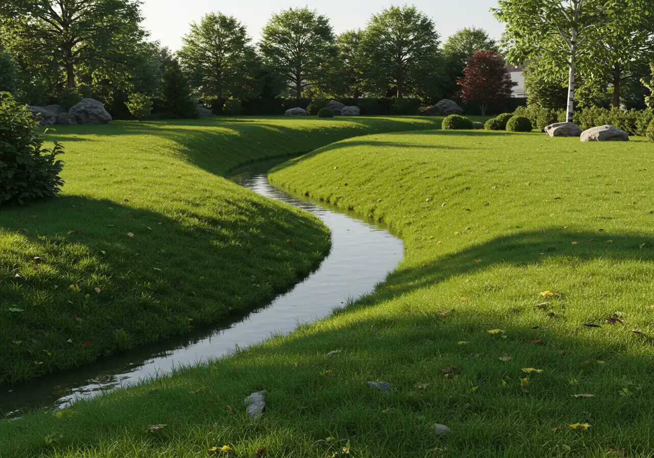 A landscape photograph showing a well-constructed grassy swale in a residential lawn. The swale is a wide, shallow, vegetated channel curving subtly across the yard, designed to direct surface water flow. It should look like a natural depression integrated into the lawn, not a harsh ditch. No structures need to be prominent, focus on the swale itself.