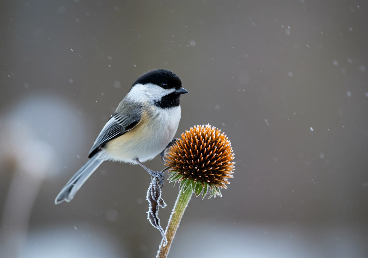 A visually appealing image capturing the ecological benefit of leaving some seed heads. It shows a small native bird, such as a chickadee or goldfinch, perched on the dried, structural seed head of a coneflower (Echinacea) or Black-Eyed Susan (Rudbeckia) in a late-season garden, possibly with a touch of frost or snow in the background, emphasizing winter interest and food source.