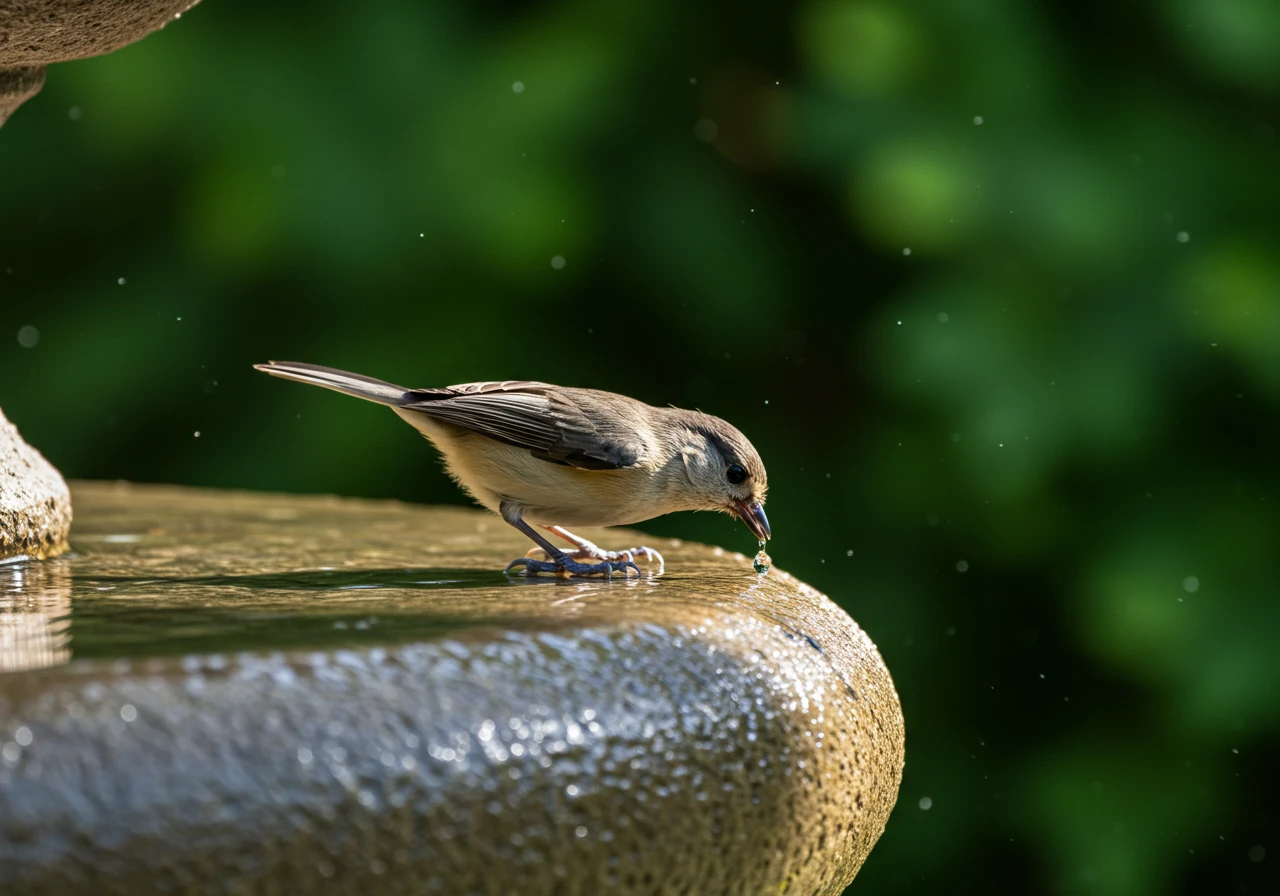 An image emphasizing harmony with nature. A small bird, like a sparrow or chickadee, perched on the edge of a clean, functioning fountain, taking a drink or bath. This illustrates the fountain as a beneficial water source for wildlife when maintained properly and eco-consciously.