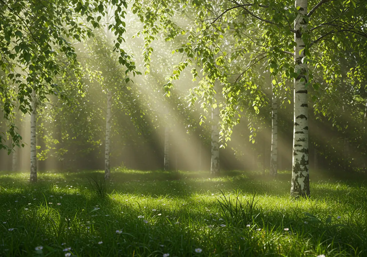 A photograph capturing the effect of dappled shade. Sunlight filters through the leaves of trees like a Honey Locust or Birch, creating moving patterns of light and shadow on a bed of lush, green groundcover plants below. The focus is on the quality of light and the patterns on the ground, evoking a serene woodland feel.