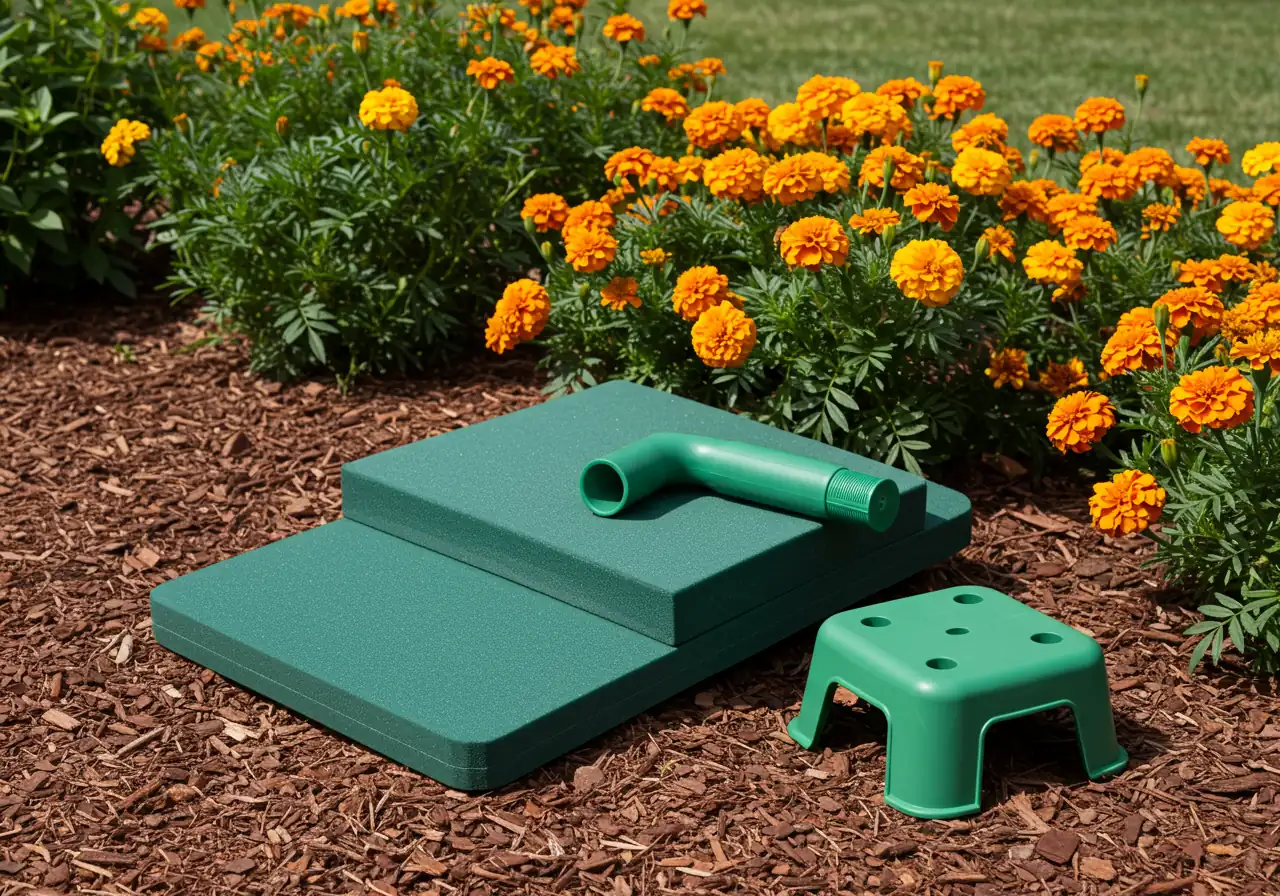 Show tools used for comfortable close-to-ground work. A thick, comfortable garden kneeling pad and a low, sturdy garden stool are placed beside a mulched garden bed where small flowering plants (like pansies or marigolds) are growing. This highlights the equipment recommended for reducing strain during weeding or planting.
