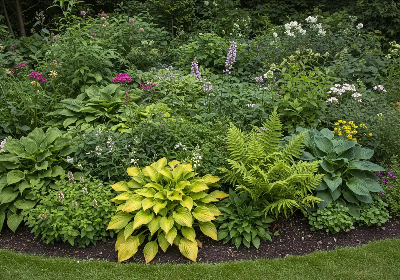 A visually cluttered, overgrown garden bed showcasing the negative effects of overcrowding. Different types of perennials, like hostas and ferns, are densely packed, competing for light, with some lower leaves appearing yellowed or shaded out. The lack of visible soil emphasizes the competition for resources.