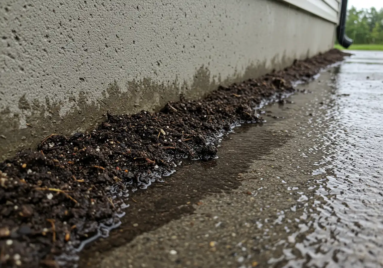 A clear photograph illustrating negative grading. Water is visibly pooling directly against the concrete foundation of a residential house after a rain shower. The surrounding lawn or soil noticeably slopes slightly *towards* the foundation wall, and dark, damp patches are visible on the lower part of the concrete.