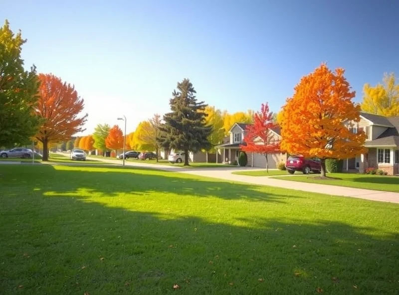 A scenic autumn landscape showcasing a residential area characteristic of the Ottawa region (Greely, Osgoode, or Manotick). The trees are displaying vibrant fall colors. A small portion of a well-maintained lawn, free of excessive leaves, is visible in the foreground. Focus on the overall autumn scenery and the transition of seasons, suggesting the need for timely yard maintenance, without specifically showing any yard work being done.