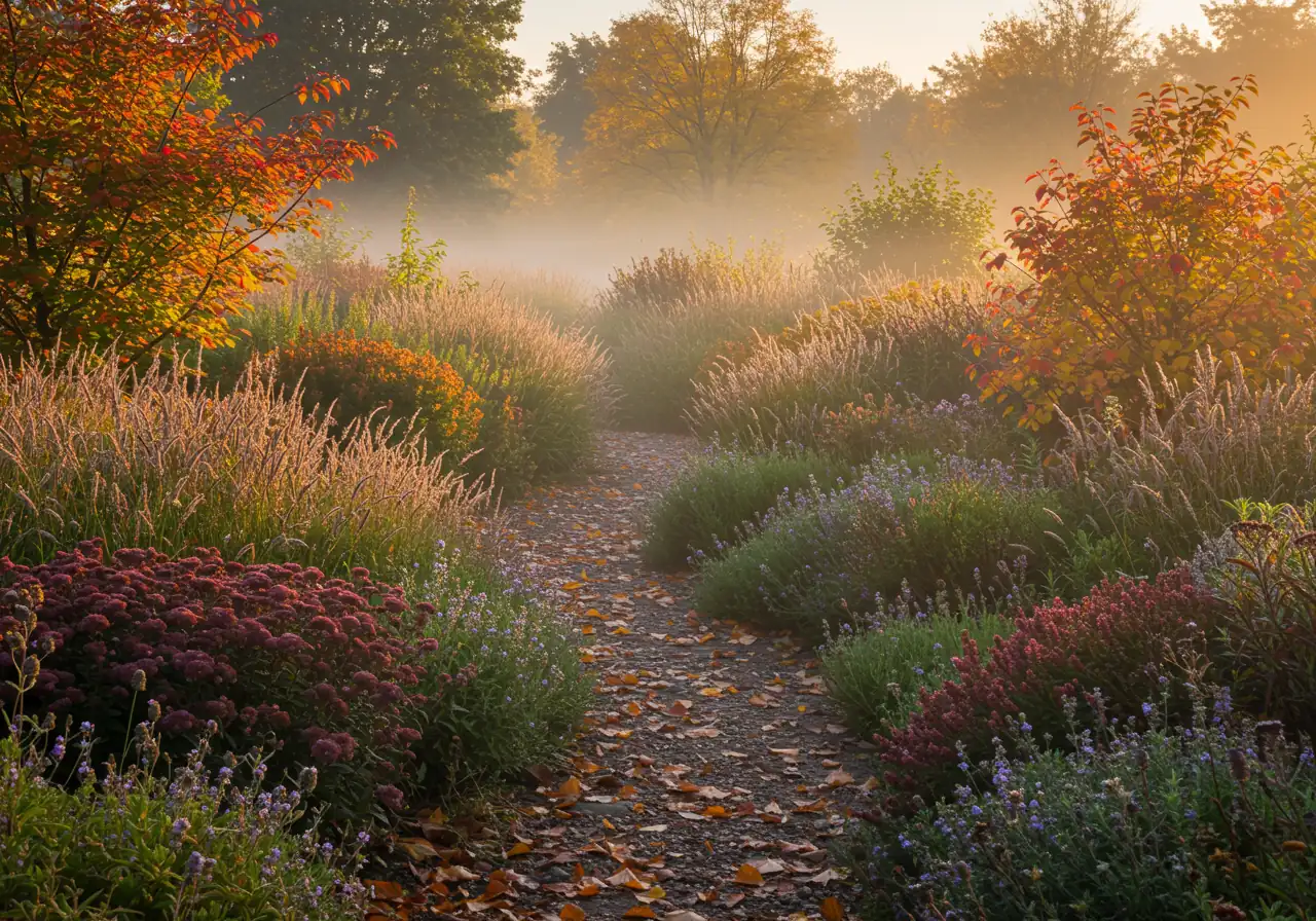 A serene, wide-angle shot of a garden landscape in mid-autumn. Showcases perennials with fading blooms and interesting seed heads, shrubs with colourful fall foliage (reds, oranges, yellows), and perhaps some fallen leaves on a pathway or lawn. Soft, golden hour light or gentle morning mist enhances the reflective mood. No people or explicit cleanup tools visible.