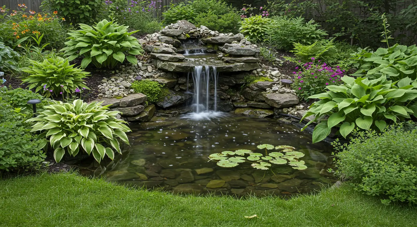 A beautiful, professionally installed backyard water feature in a lush garden setting, representative of the dream described. It should feature a small, natural-looking stone waterfall cascading into a clear pond surrounded by healthy green plants and perhaps some flowering perennials. The water should appear clean and inviting, capturing the tranquil atmosphere.
