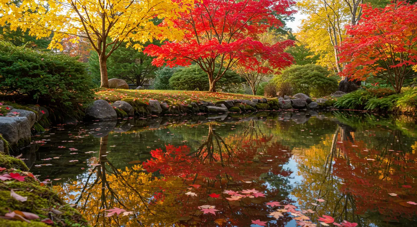 A beautiful, clear backyard pond reflecting vibrant autumn foliage. The image should capture the picturesque quality mentioned in the introduction, showcasing fiery red, orange, and yellow leaves on surrounding trees mirrored in the calm water surface. A few colourful leaves could be floating lightly on the water.
