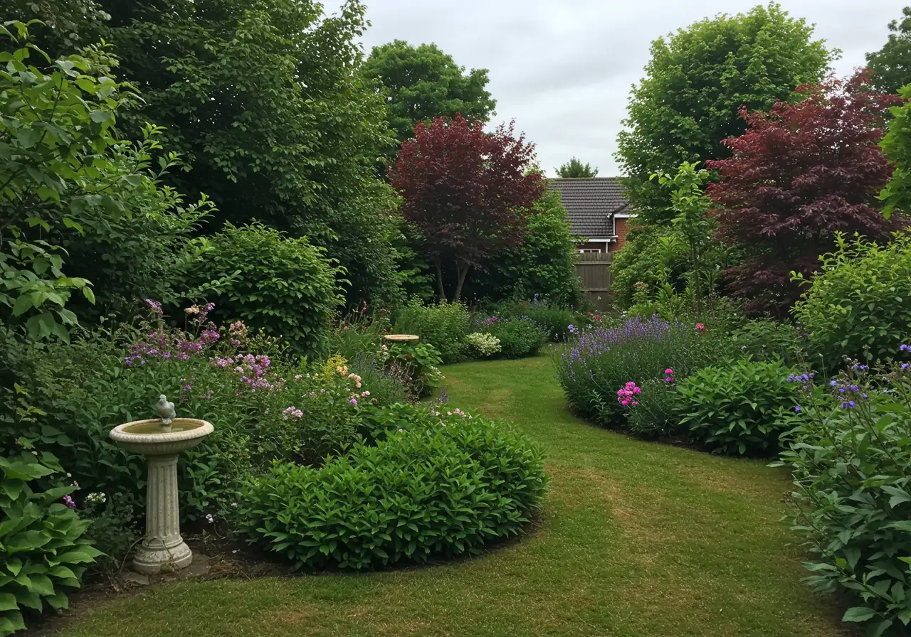 A beautiful, serene image of a well-established residential garden landscape in late summer. Shows a mix of perennials and shrubs with proper spacing, resulting in a calm, harmonious, and healthy appearance. The plants are mature and filling their allotted space without overcrowding. Could include a small element like a bird bath or garden bench (without people).
